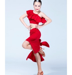 Black red colored women's ladies female short sleeves  one shoulder back split skirt competition professional performance latin dance dresses set